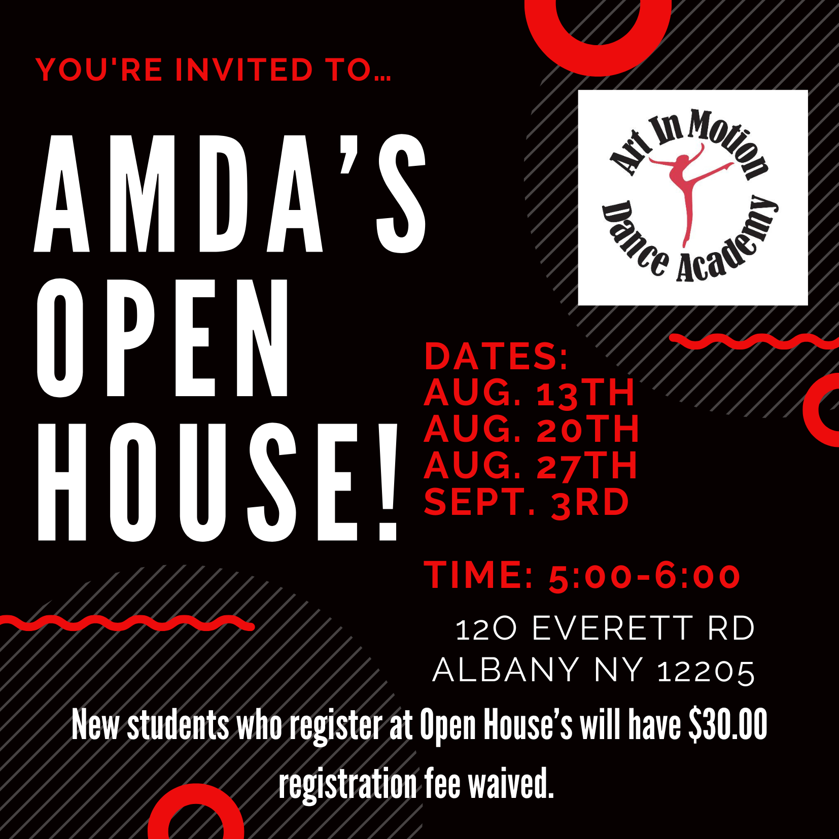Open House August 13th 20th 27th & Sept 3rd.5-6pm Email artinmotiondance@yahoo.com